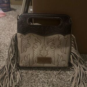 Wrangler Cream and Brown Embroidered Fringe Clutch